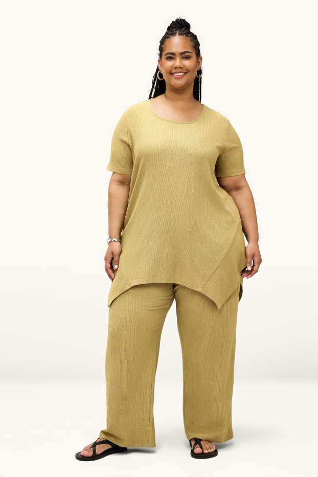 Donna - Pantaloni in jersey - vita media - gamba ampia - tessuto tramato - verde chiaro