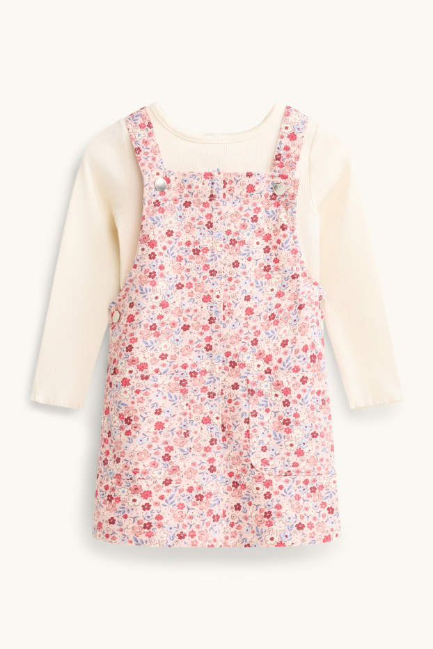 Niñas - Flores - conjunto - camiseta de manga larga y pichi vaquero - 2 prendas - rosa / beis