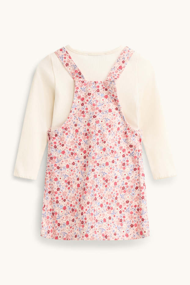 Niñas - Flores - conjunto - camiseta de manga larga y pichi vaquero - 2 prendas - rosa / beis