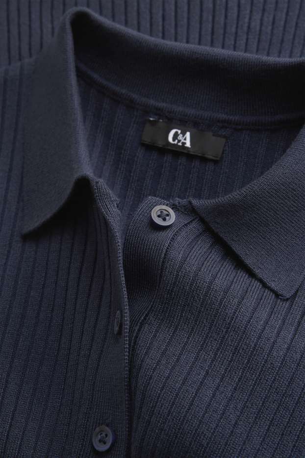 Dames - Poloshirt met lange mouwen - slim fit - ribstof - donkerblauw