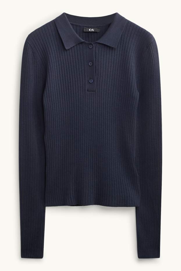 Dames - Poloshirt met lange mouwen - slim fit - ribstof - donkerblauw