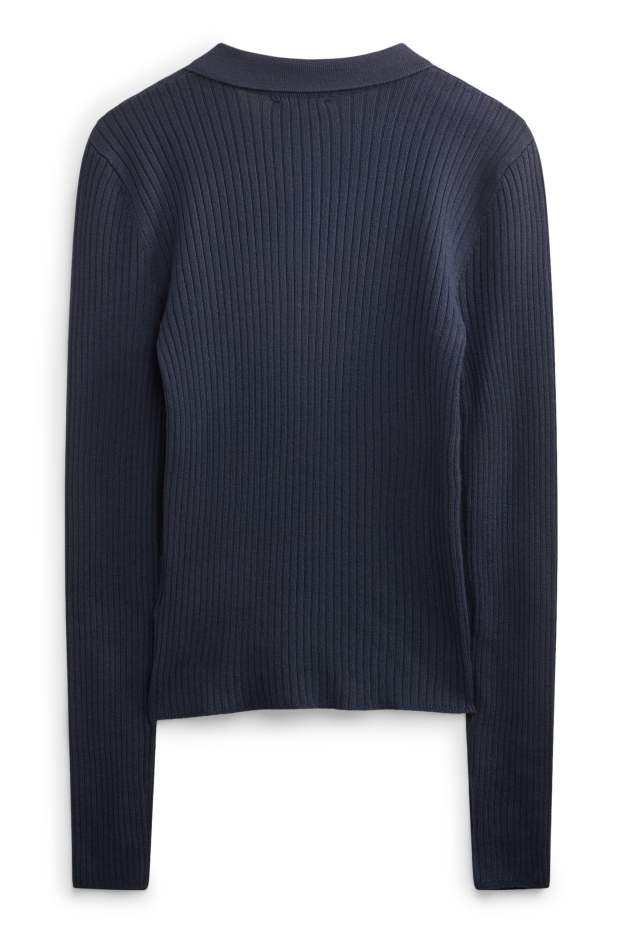 Dames - Poloshirt met lange mouwen - slim fit - ribstof - donkerblauw