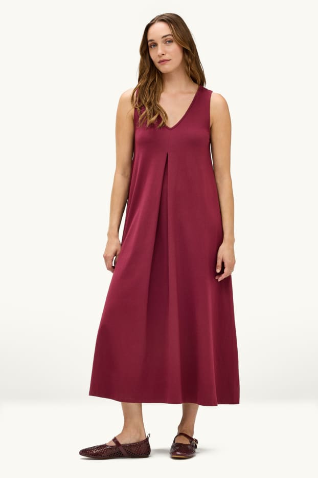 Damen - A-Linien Kleid mit V-Ausschnitt - dunkelrot