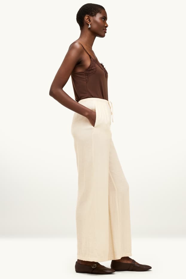 Donna - Pantaloni di stoffa - vita media - gamba ampia - crema