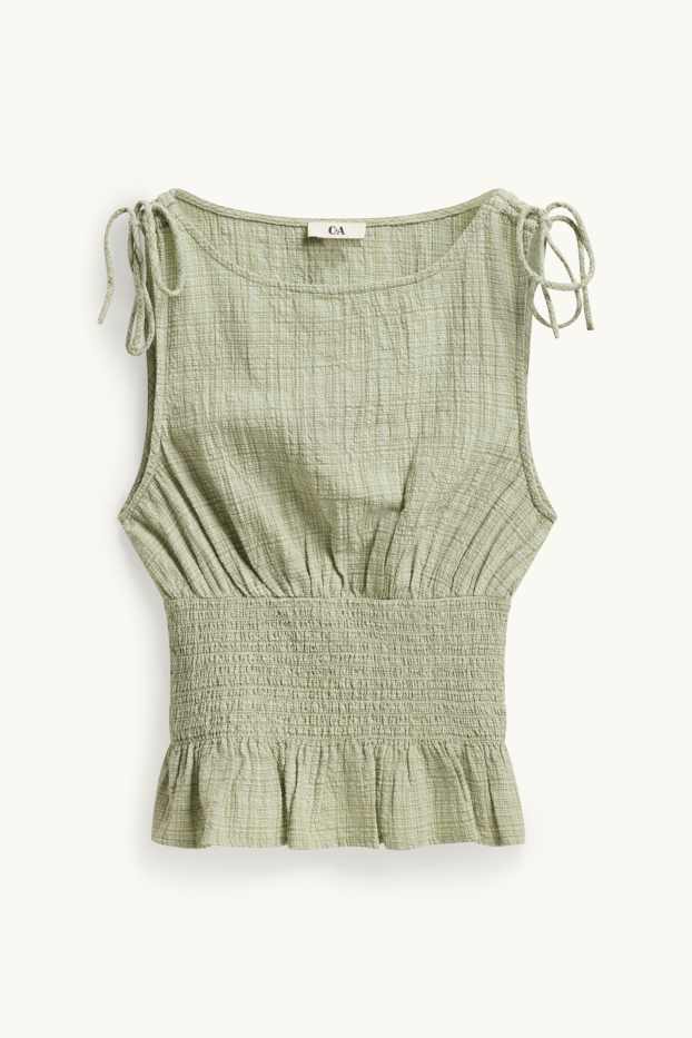 Dames - Blousetop - geruit - gesmokt - groen