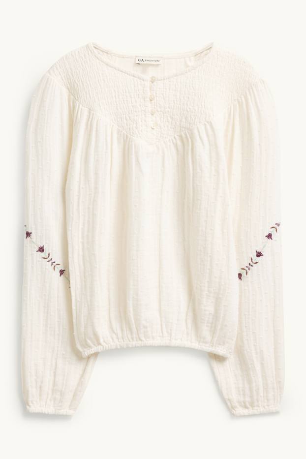 Kinderen: meisjes - Blouse van mousseline - gesmokt - crème wit