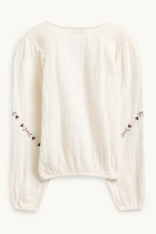 Kinderen: meisjes - Blouse van mousseline - gesmokt - crème wit