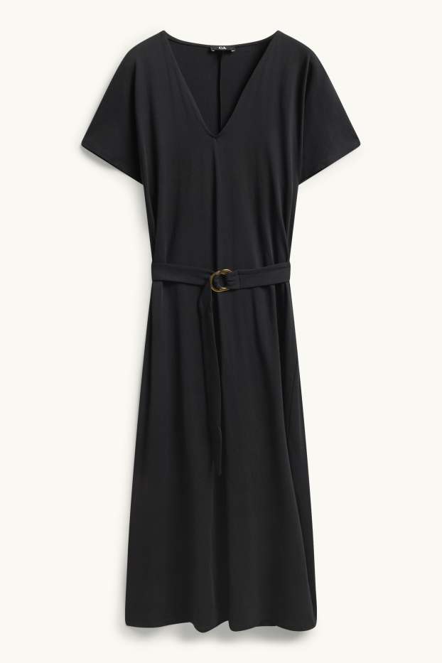 Women - Fit & flare dress with V-neck and belt - black