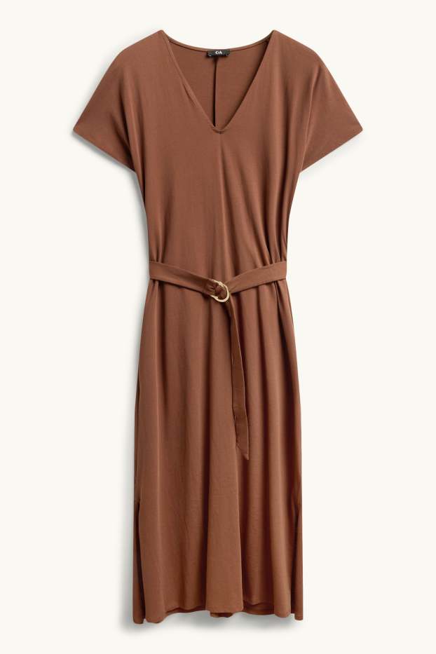 Dames - Fit & flare-jurk met V-hals en ceintuur - bruin