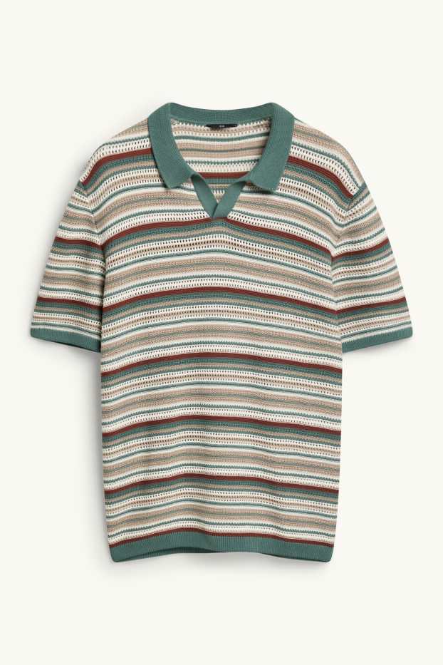 Herren - Strick-Poloshirt - Relaxed Fit - gestreift - strukturiert - weiß / dunkelgrün