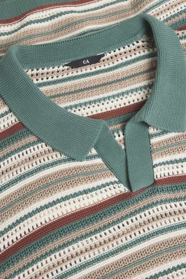 Herren - Strick-Poloshirt - Relaxed Fit - gestreift - strukturiert - weiß / dunkelgrün
