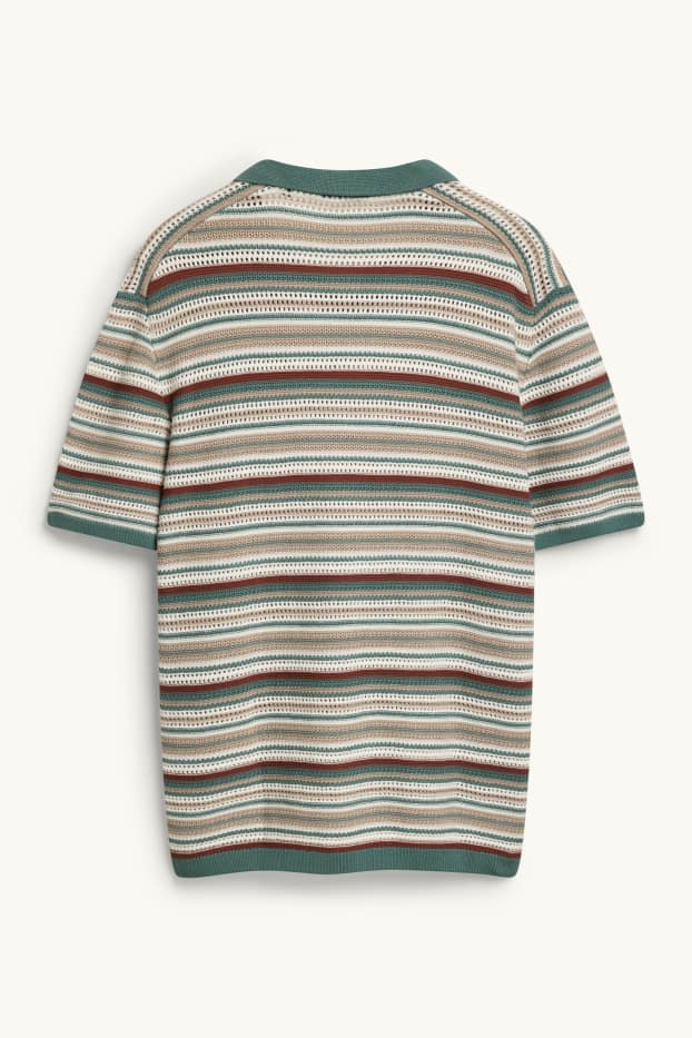 Herren - Strick-Poloshirt - Relaxed Fit - gestreift - strukturiert - weiß / dunkelgrün