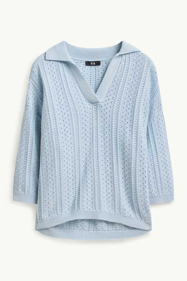 Femmes - Pull en maille - manches courtes - finition texturée - bleu clair