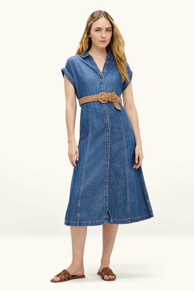 Femmes - Robe-chemisier en jean avec encolure en V et ceinture - jean bleu