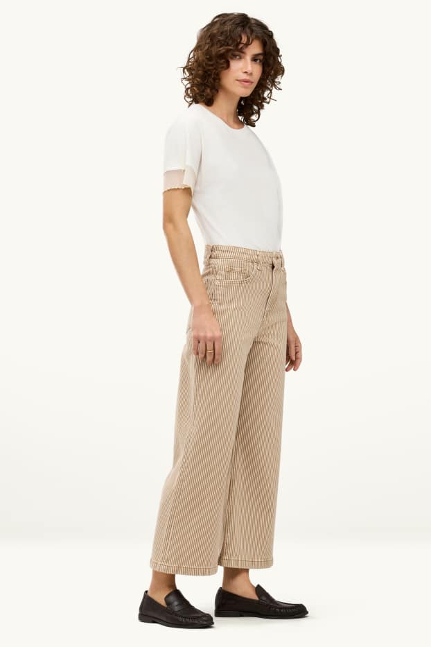 Dames - Kortere wide leg jeans - high waist - gestreept - lichtbruin