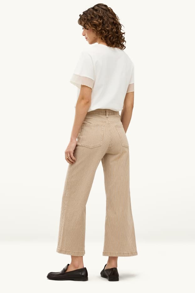 Dames - Kortere wide leg jeans - high waist - gestreept - lichtbruin