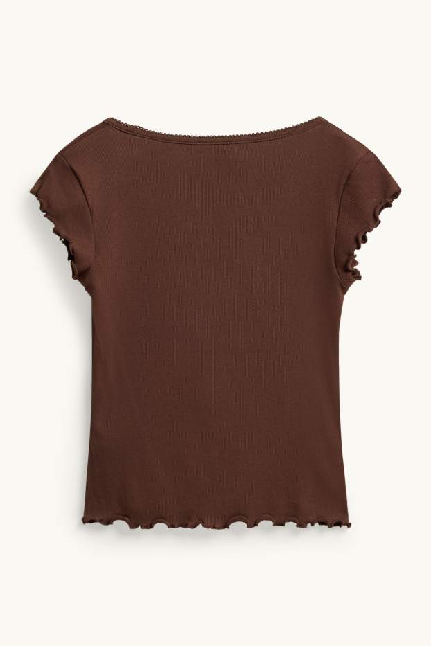 Dámské - Tričko - slim fit - žebrované - hnědá