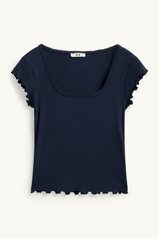 Dames - T-shirt - slim fit - geribd - donkerblauw