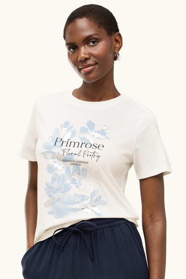 Dona - Samarreta de mànigues curtes - regular fit - de flors - efecte brillant - blanc