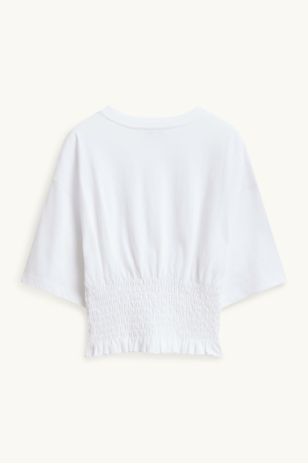 Dames - T-shirt - slim fit - gesmokt - wit