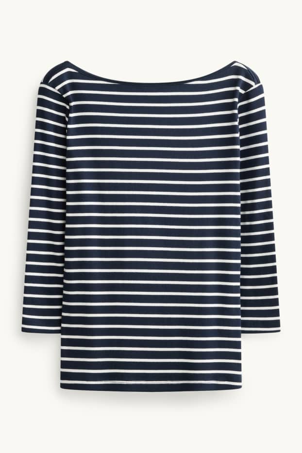 Dames - Longsleeve - slim fit - geribd - gestreept - donkerblauw / wit