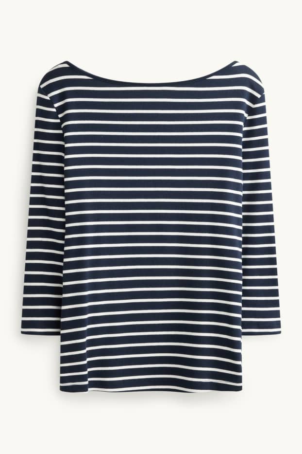 Dames - Longsleeve - slim fit - geribd - gestreept - donkerblauw / wit