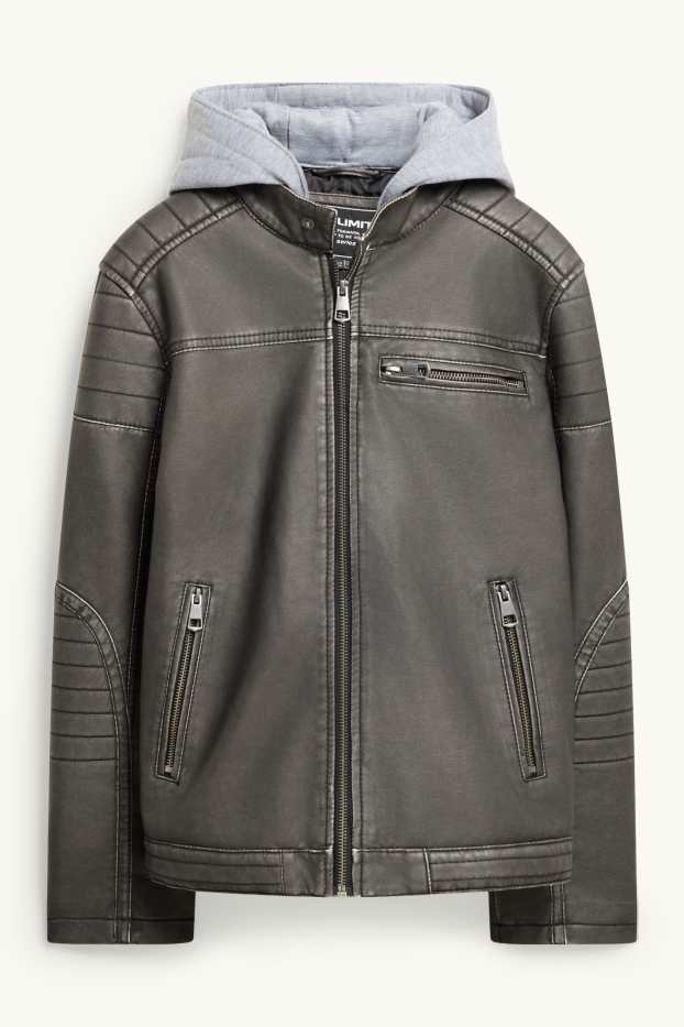 Enfants garçons - Blouson motard avec capuche - matière synthétique - gris