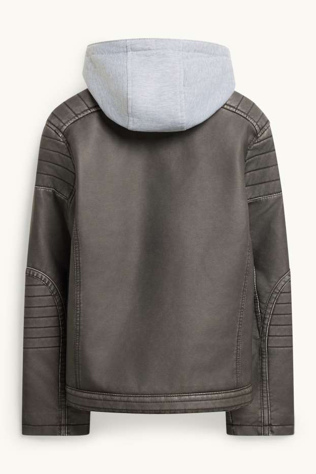 Enfants garçons - Blouson motard avec capuche - matière synthétique - gris