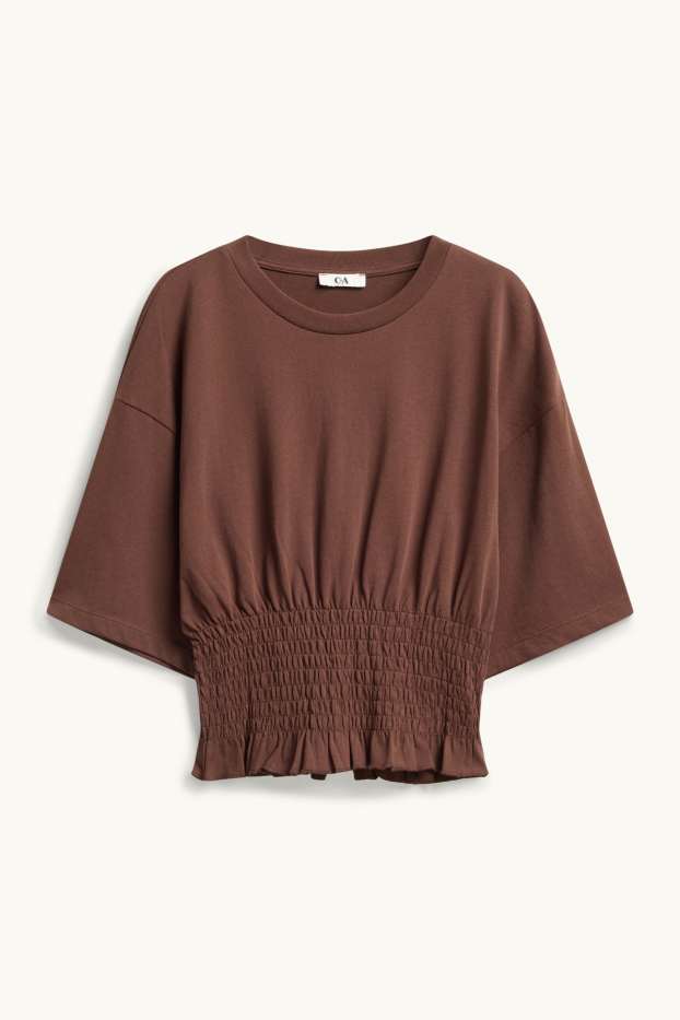 Women - T-shirt - slim fit - smocked - brown