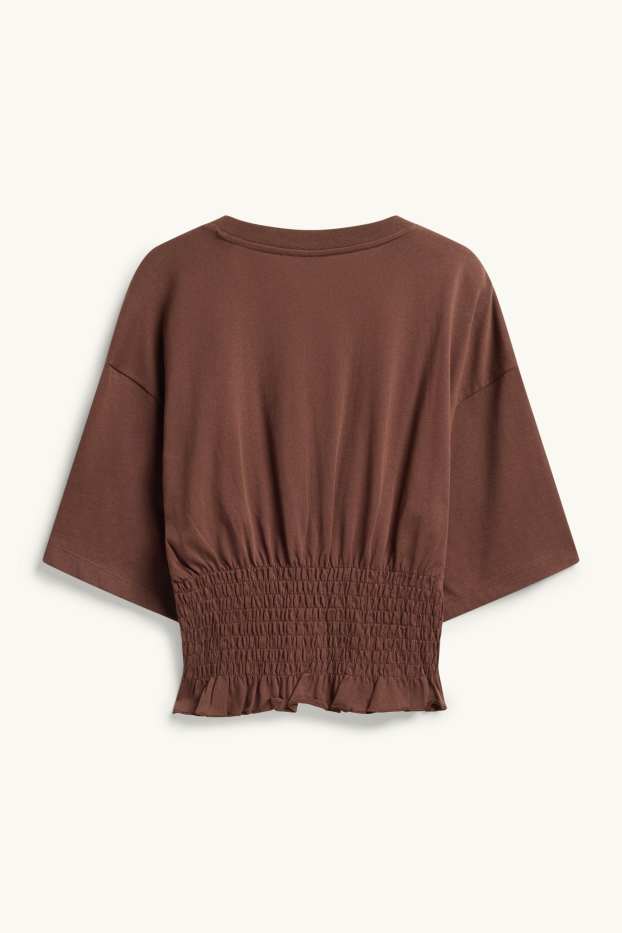Women - T-shirt - slim fit - smocked - brown