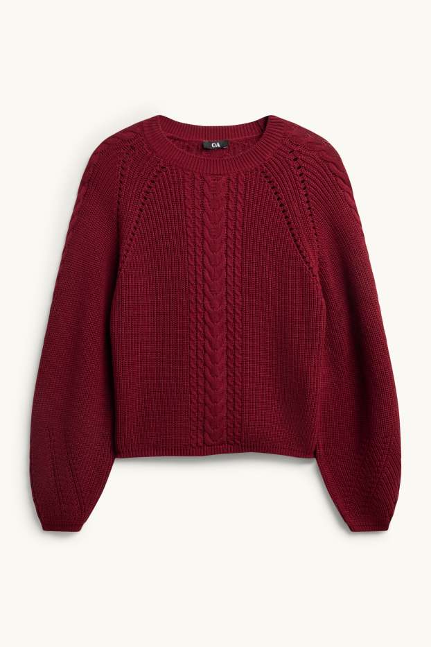Damen - Pullover - Zopfmuster - gerippt - rot