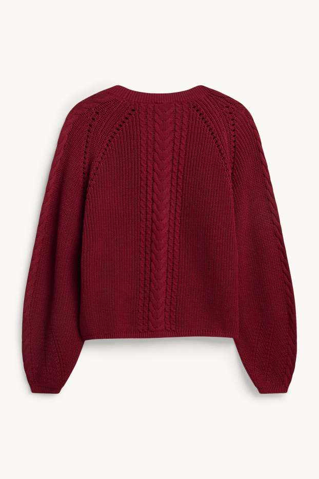 Damen - Pullover - Zopfmuster - gerippt - rot