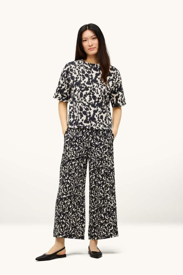 Femmes - Pantalon en toile court - mid waist - wide leg - à motif - noir / beige