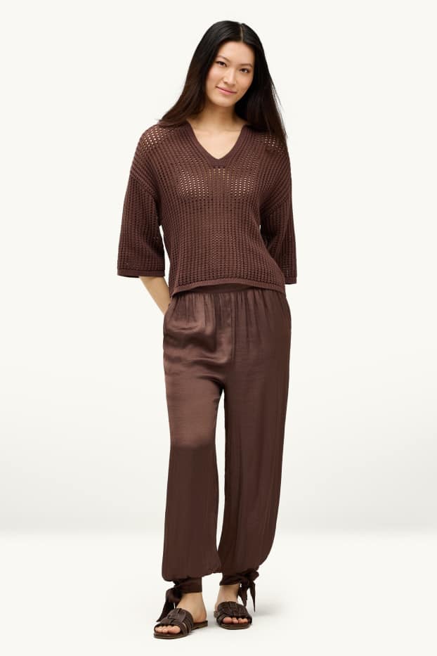 Femmes - Pantalon en toile - mid waist - balloon fit - marron foncé