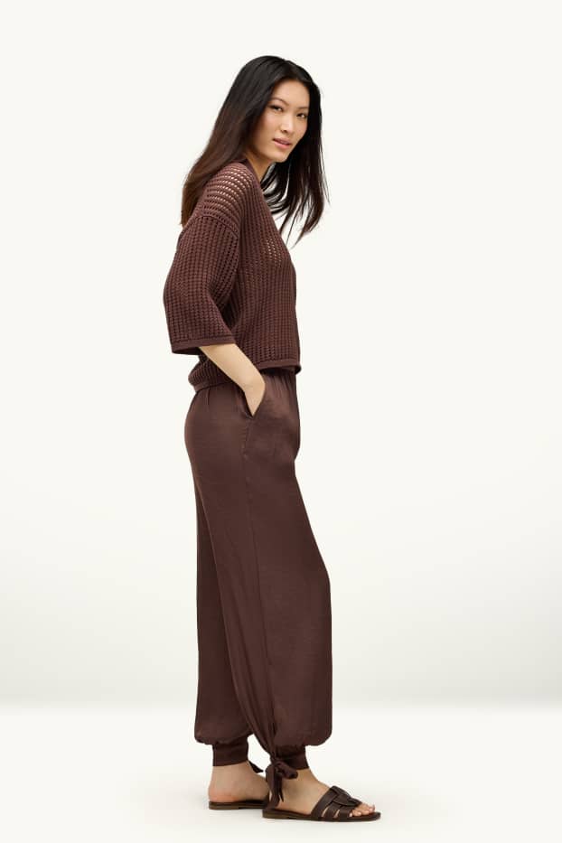 Femmes - Pantalon en toile - mid waist - balloon fit - marron foncé