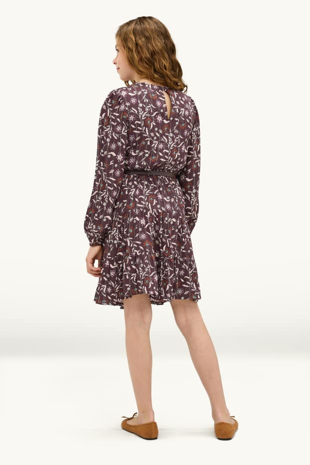 Enfants filles - Fleur - robe avec ceinture - finition brillante - marron