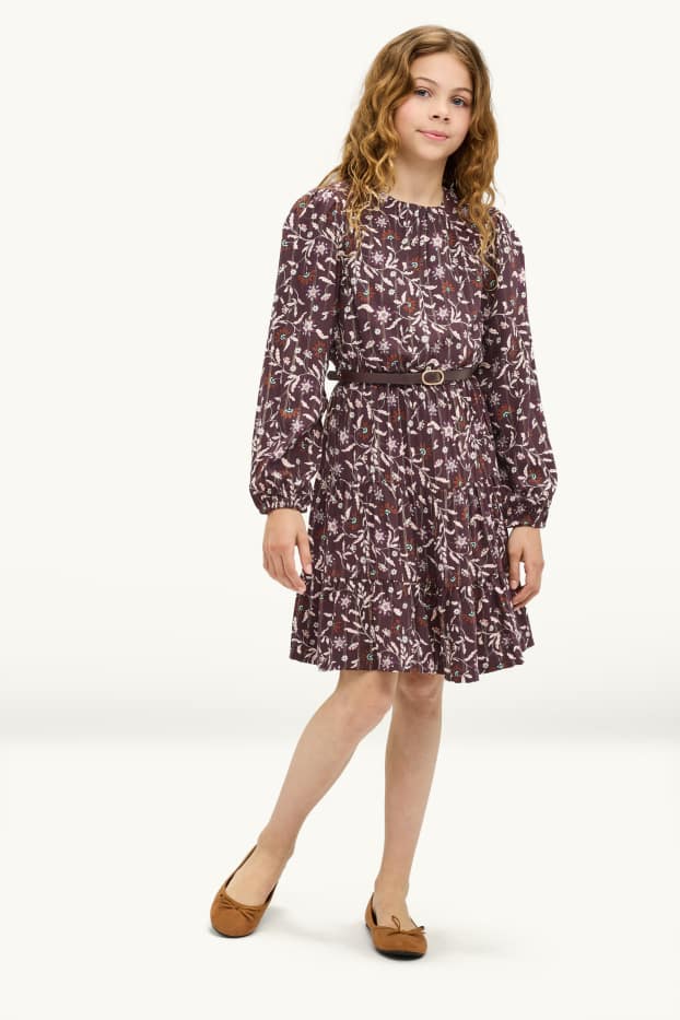 Enfants filles - Fleur - robe avec ceinture - finition brillante - marron