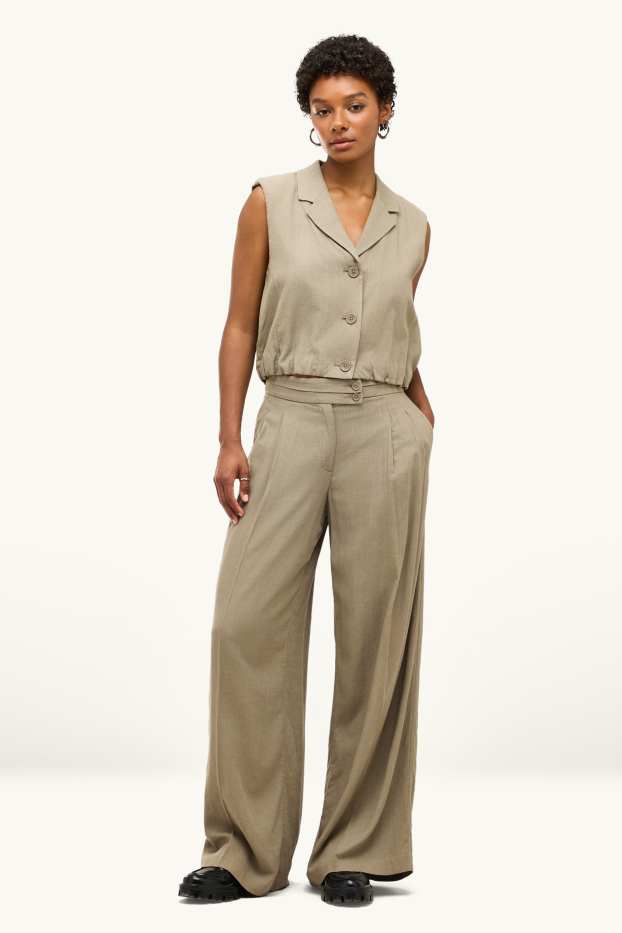 Dámské - Plátěné kalhoty - mid waist - wide leg - khaki