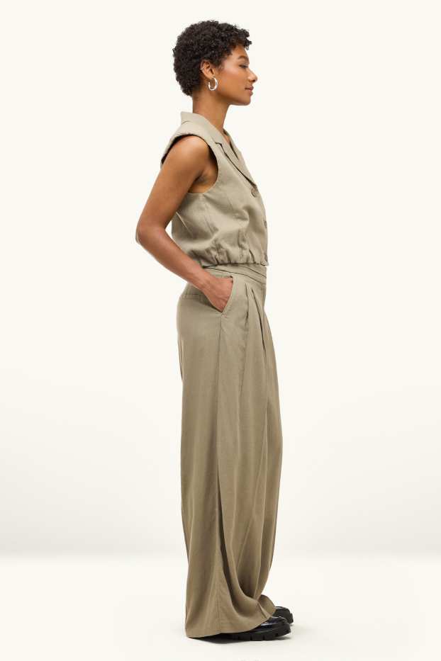 Dámské - Plátěné kalhoty - mid waist - wide leg - khaki
