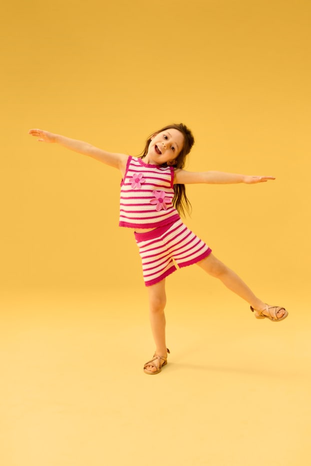 Enfants filles - Fleurs - ensemble - top en maille et short - 2 pièces- à rayures - blanc / rose
