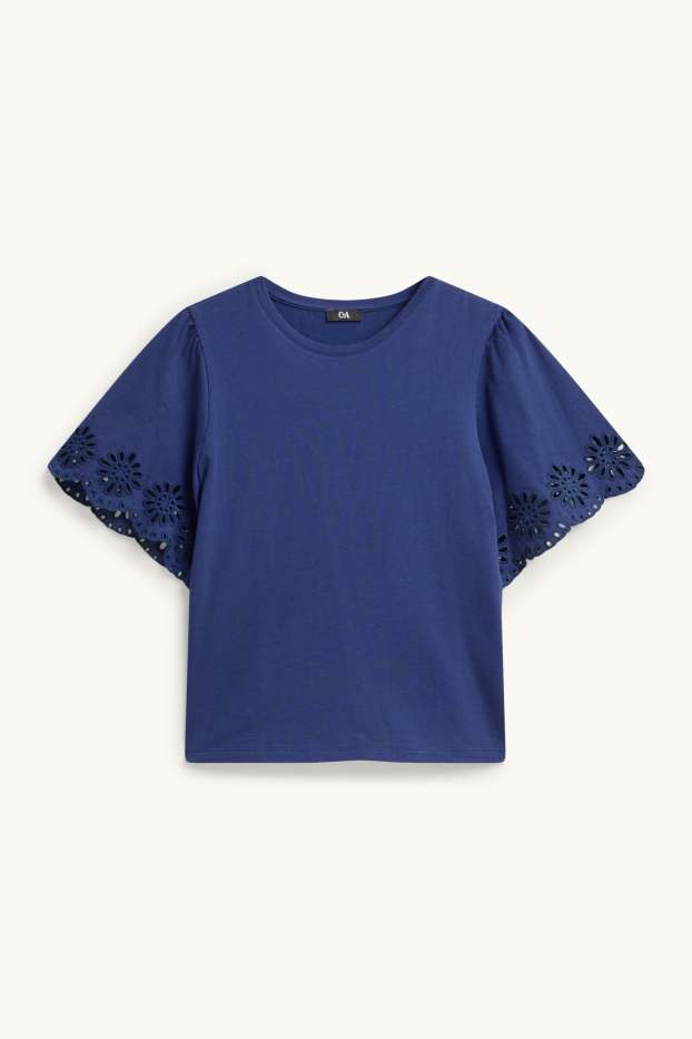 Women - T-shirt - regular fit - broderie anglaise - blue