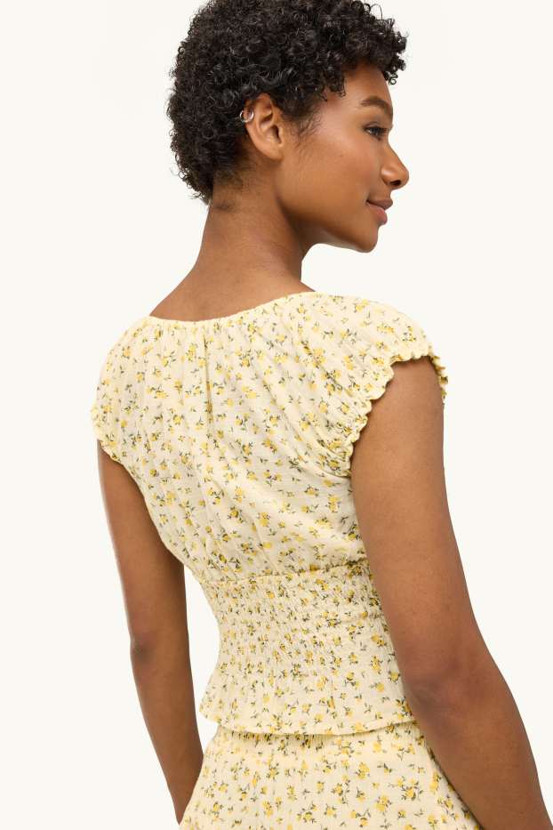 Women - Cropped blouse top - floral - smocked - yellow
