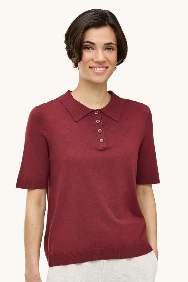 Dames - Gebreid poloshirt - regular fit - donkerrood