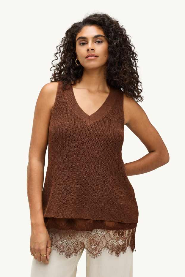 Femmes - Ensemble - pull sans manches et top - 2 pièces - marron