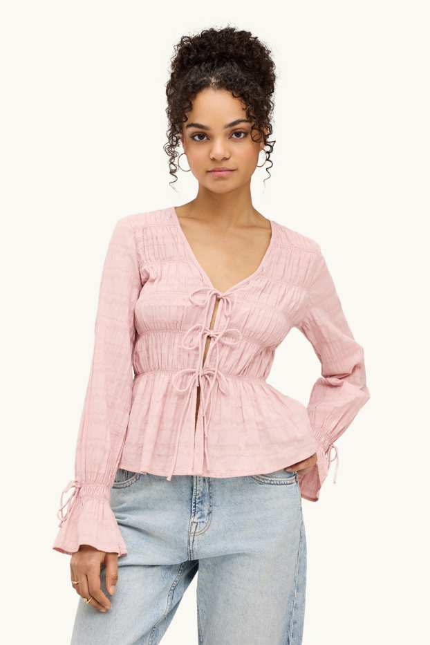 Dames - Blouse met V-hals - gesmokt - roze