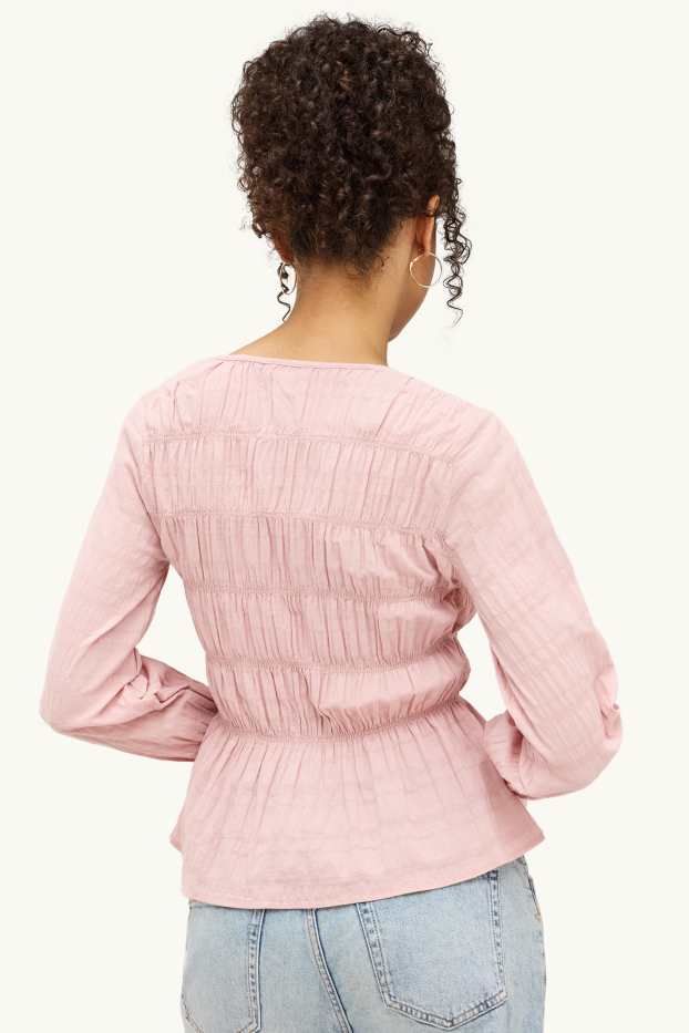 Dames - Blouse met V-hals - gesmokt - roze