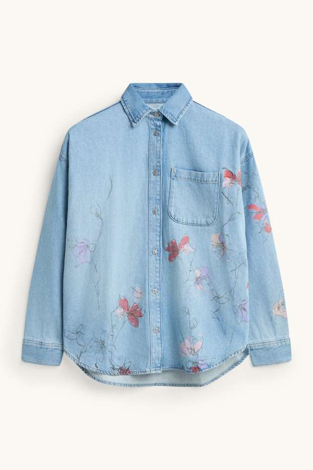 Femei - Bluză tip cămașă din denim - cu flori - denim-albastru deschis