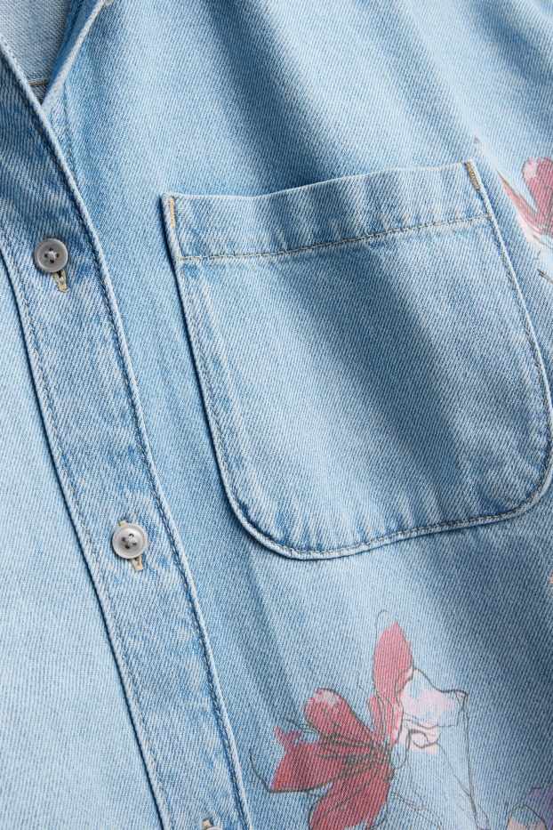 Femei - Bluză tip cămașă din denim - cu flori - denim-albastru deschis