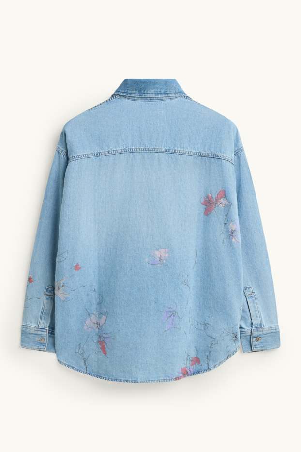 Femei - Bluză tip cămașă din denim - cu flori - denim-albastru deschis