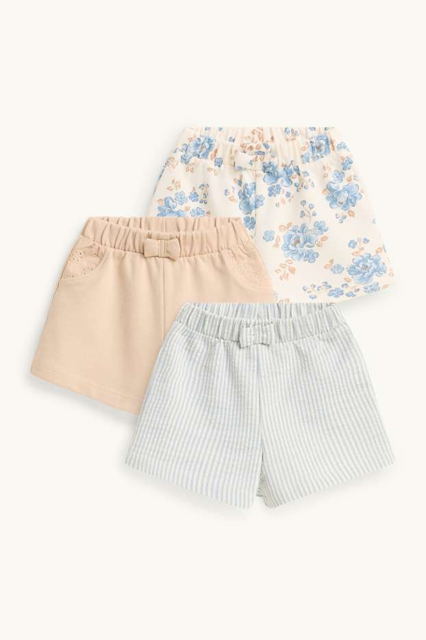 Baby Mädchen - Multipack 3er - Blümchen - Baby-Shorts - blau  / cremefarben